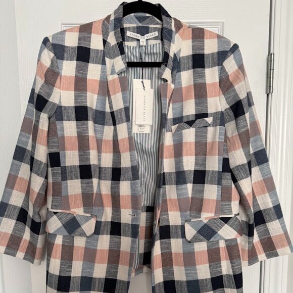 NWT Veronica Bear Women's Pink and Blue Plaid Upcollar Blazer - Size 16 - Picture 1 of 8